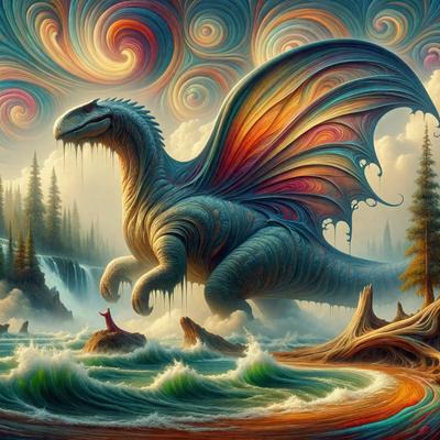 Primary subject: Dinosaur
Setting/background: Ocean
Visual style: Digital art
Colors and mood: Vibrant, colorful, and whimsical